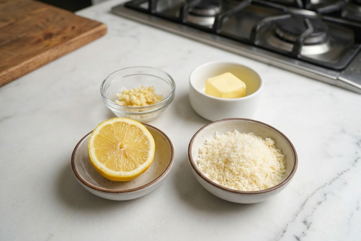 Minced garlic, butter, a halved lemon, and grated Parmesan in small bowls on a kitchen counter ready for cooking