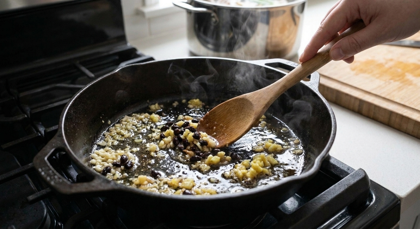 Minced garlic, chopped ginger, and fermented black beans sizzling in a dark pot on the stove with a wooden spoon stirring