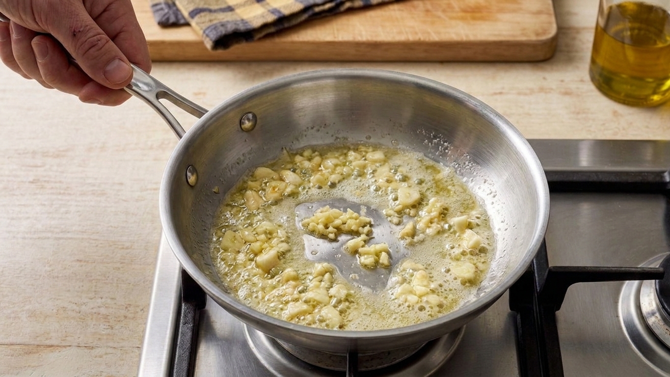 Minced garlic gently sauteing in melted butter in a skillet on a home stovetop