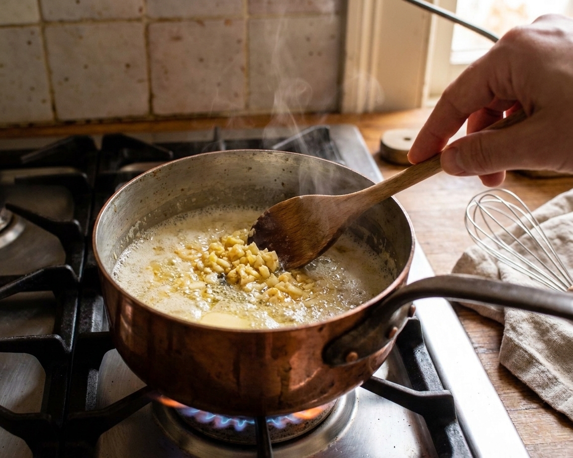 Minced garlic gently sautéing in melted butter in a small saucepan on a stovetop