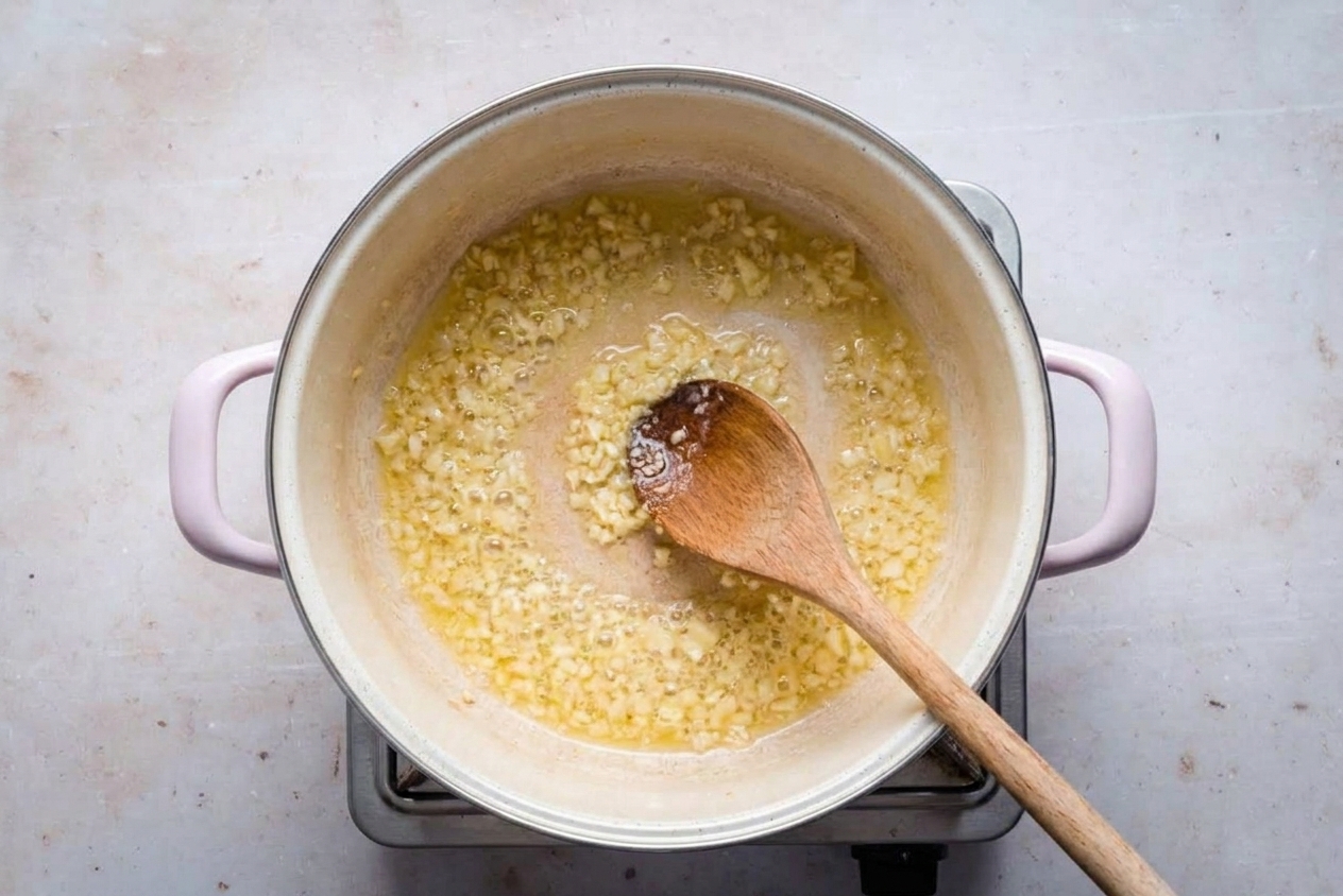 Minced garlic gently sautéing in melted butter in a saucepan on the stove