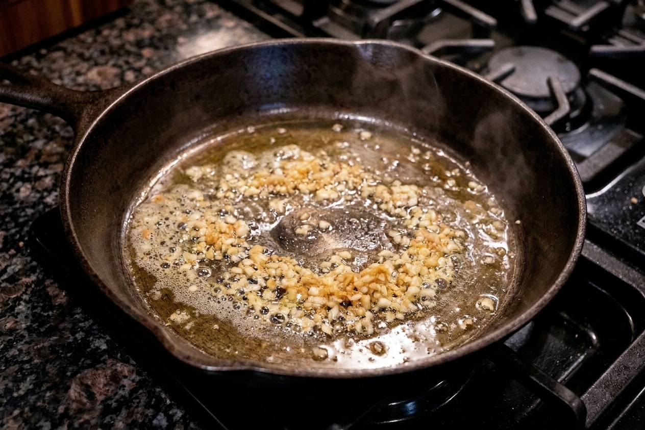 Minced garlic gently sizzling in melted butter and olive oil in a skillet on the stovetop