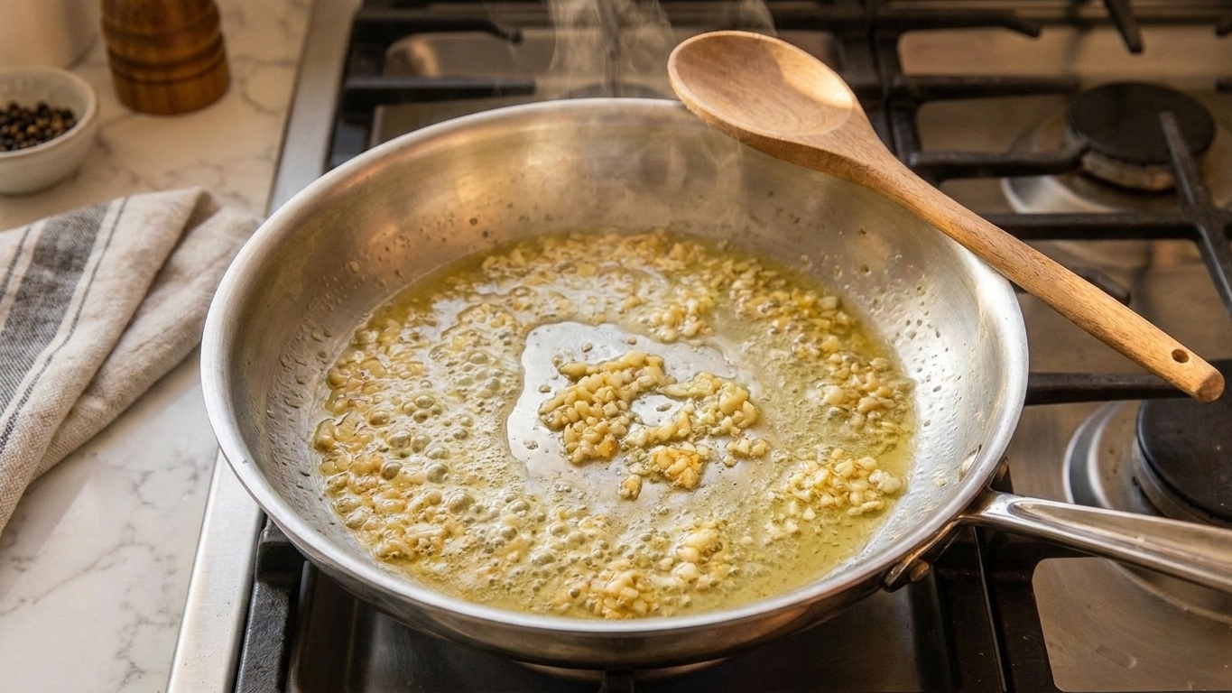 Minced garlic gently sizzling in melted butter in a skillet on a stovetop, with a wooden spoon resting on the pan edge