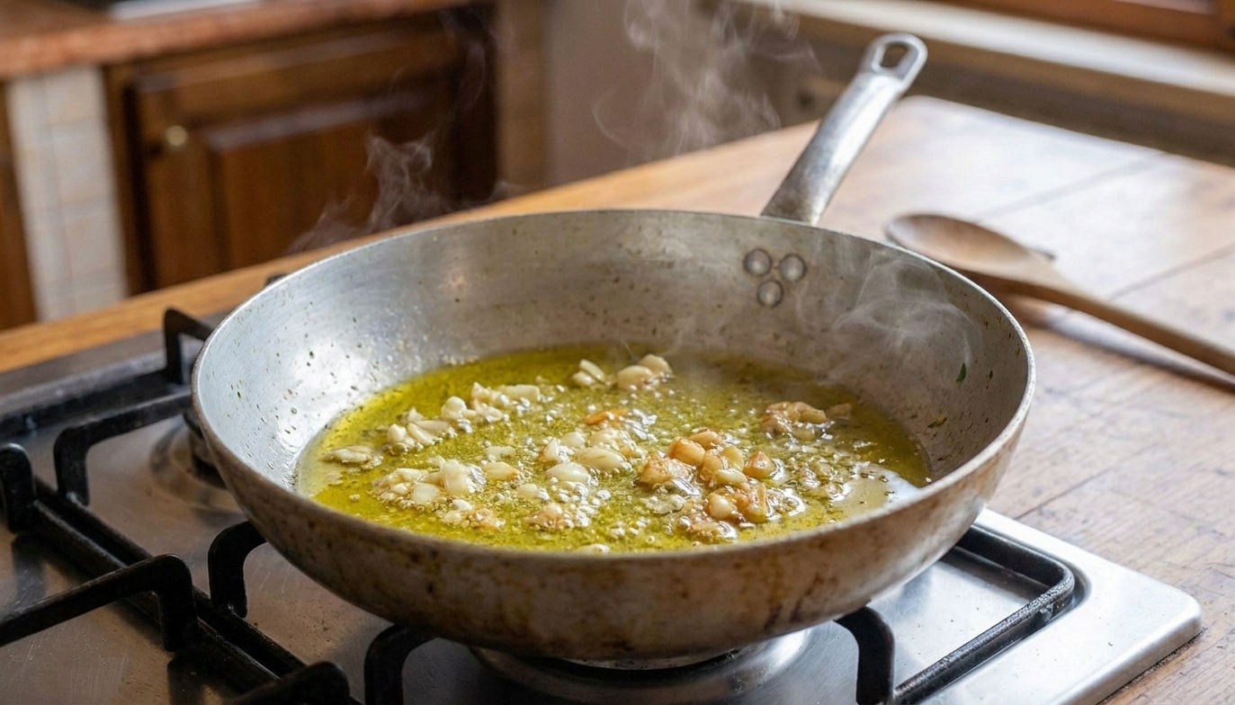 Minced garlic gently sizzling in olive oil in a wide skillet on a stovetop