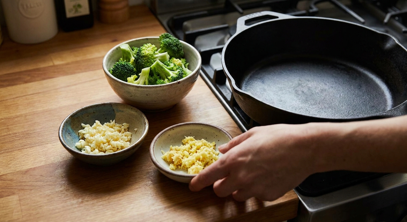 Minced garlic, grated ginger, and broccoli florets prepped in small bowls next to a skillet