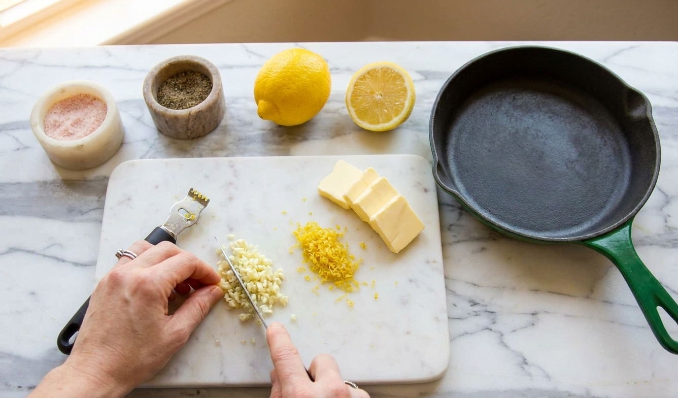 Minced garlic, lemon zest, and slices of butter on a cutting board beside a skillet on a home kitchen counter