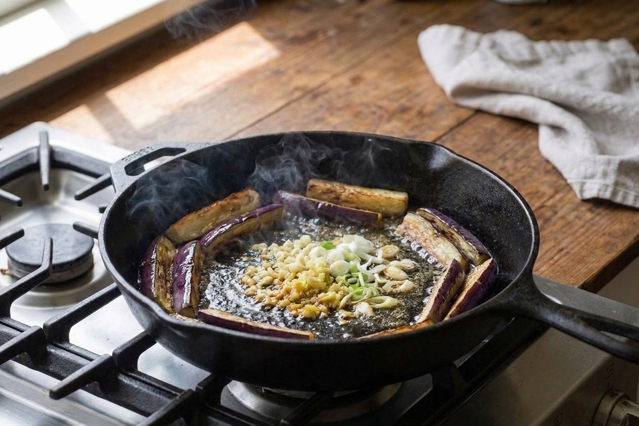 Minced garlic, minced ginger, and sliced scallion whites sizzling in the center of a skillet surrounded by browned eggplant