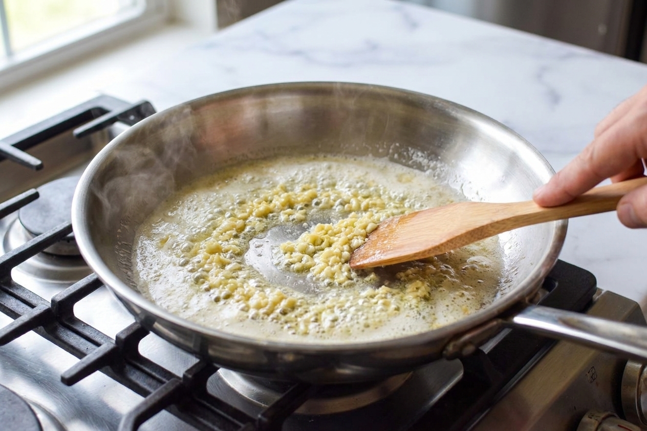 Minced garlic sizzling gently in melted butter in a stainless steel skillet on a home stove