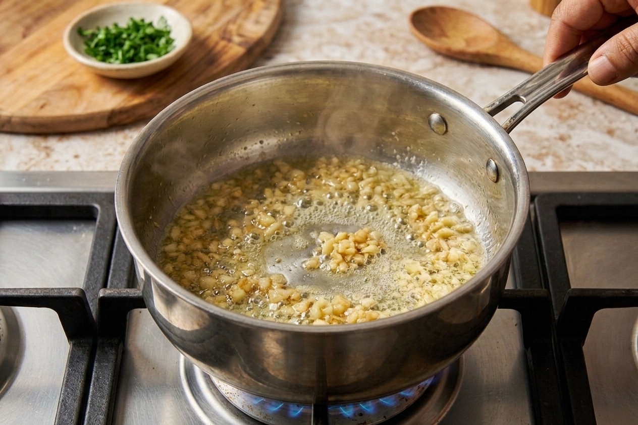 Minced garlic sizzling gently in melted butter in a pot on a stovetop