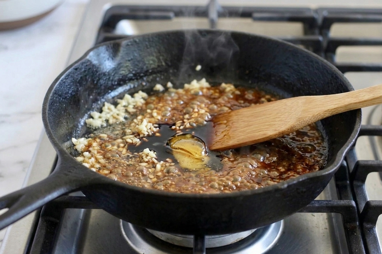 Minced garlic sizzling in a skillet as soy sauce and honey are stirred in, creating a glossy brown sauce