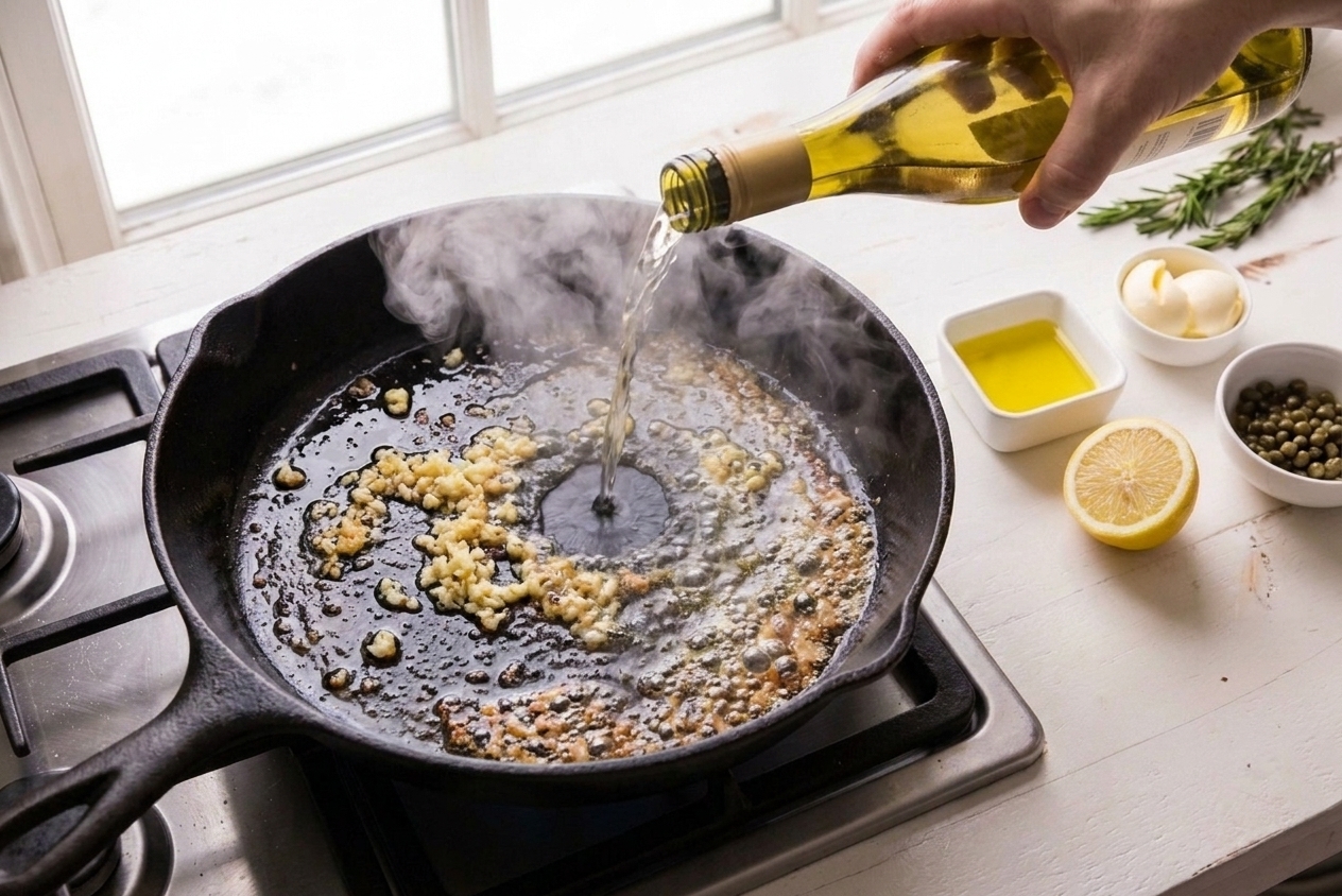 Minced garlic sizzling in a skillet as white wine is poured in to deglaze, steam rising on the stovetop