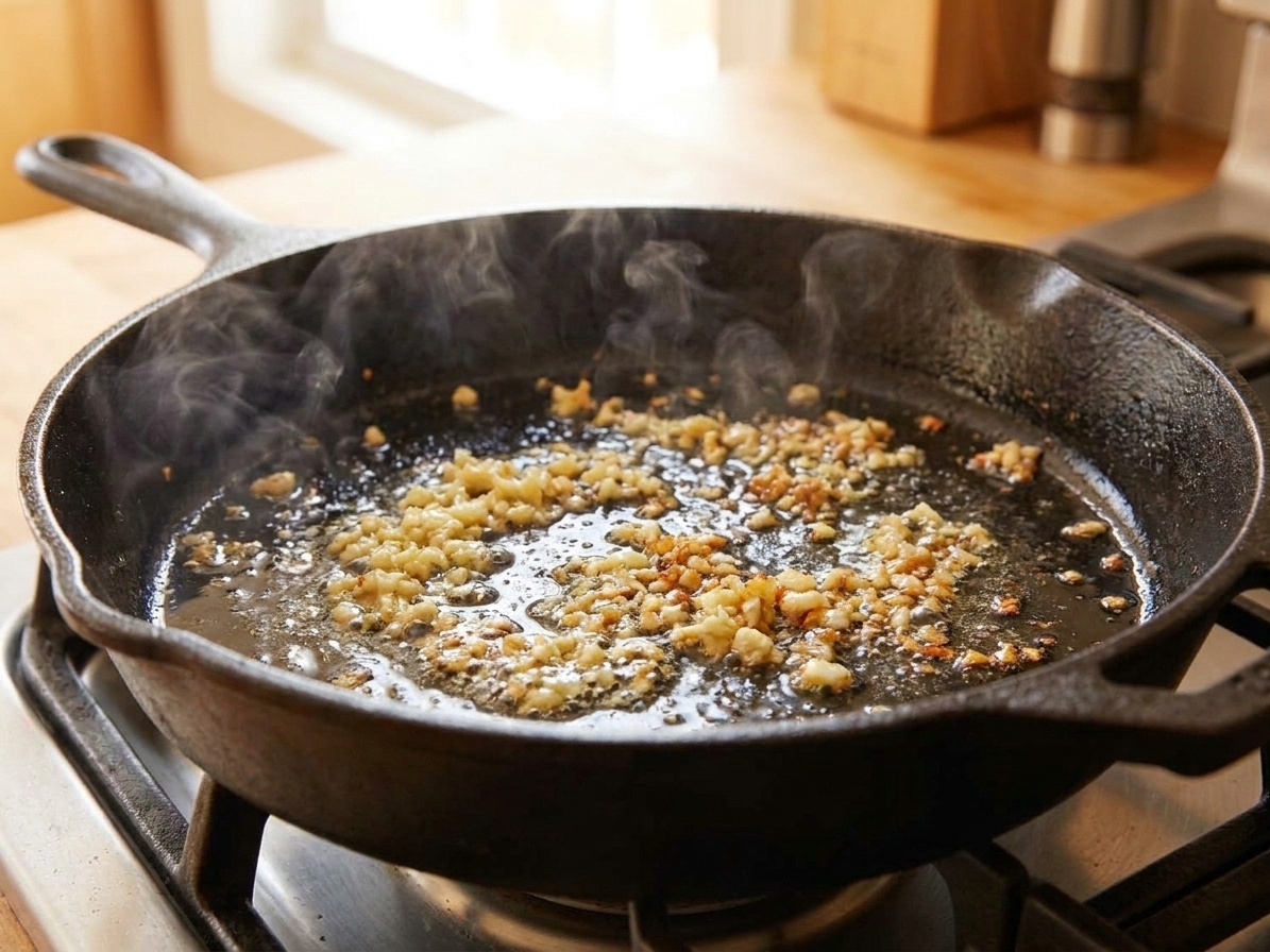 Minced garlic sizzling in a skillet with a thin layer of oil