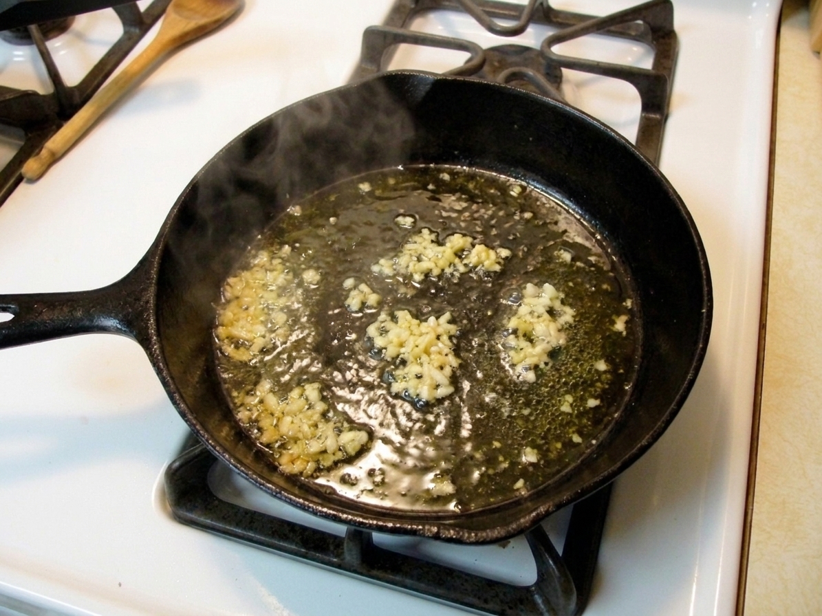 Minced garlic sizzling in a skillet with olive oil, turning fragrant without browning