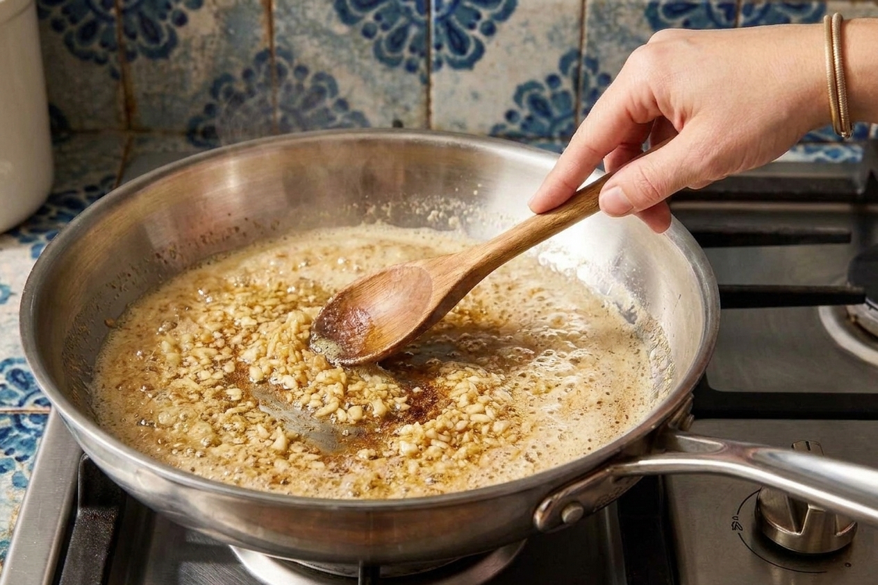 Minced garlic sizzling in browned butter in a skillet with a wooden spoon stirring