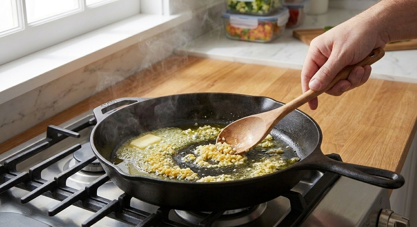 Minced garlic sizzling in melted butter and olive oil in a large skillet on a stovetop