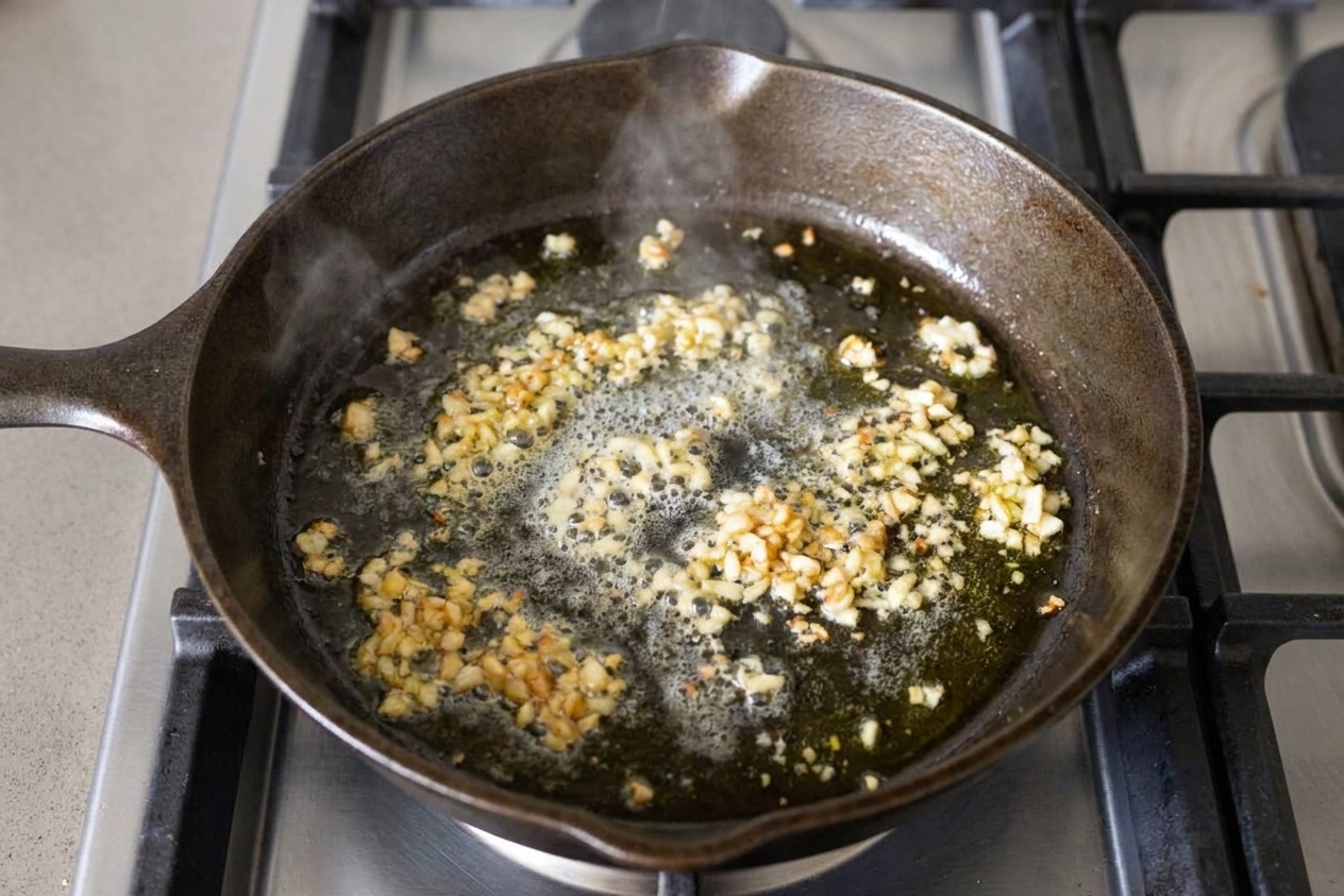 Minced garlic sizzling in melted butter and olive oil in a skillet on a stove