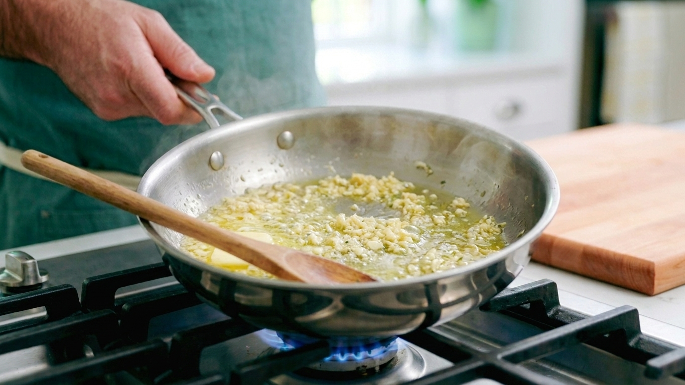 Minced garlic sizzling in melted butter and olive oil in a stainless steel skillet on a stovetop
