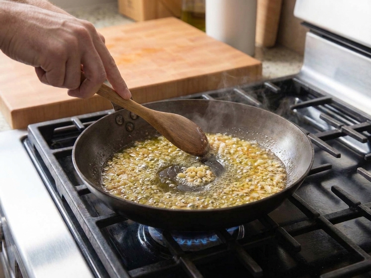 Minced garlic sizzling in melted butter and olive oil in a skillet on a stovetop