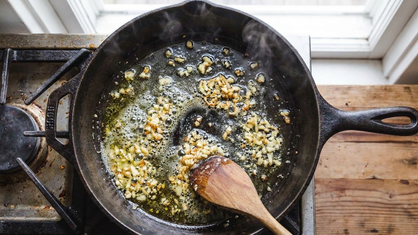 Minced garlic sizzling in melted butter and olive oil in a large skillet on a stovetop