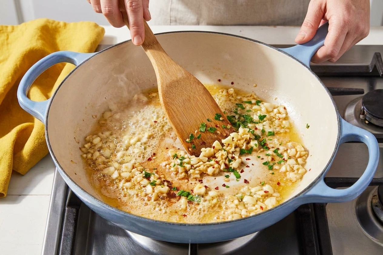 Minced garlic sizzling in melted butter in a large skillet on a stovetop