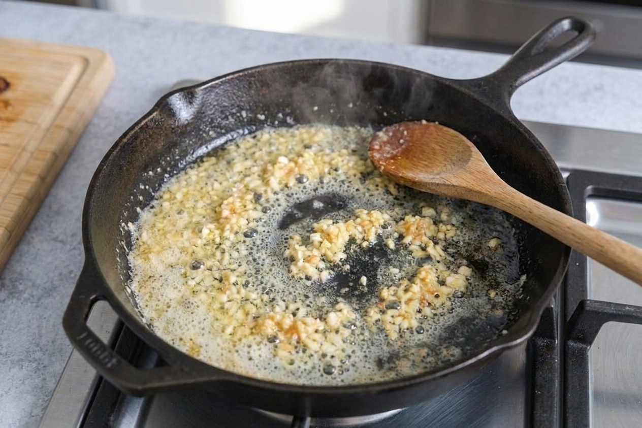 Minced garlic sizzling in melted butter in a large skillet on a stovetop, with a wooden spoon resting on the pan edge