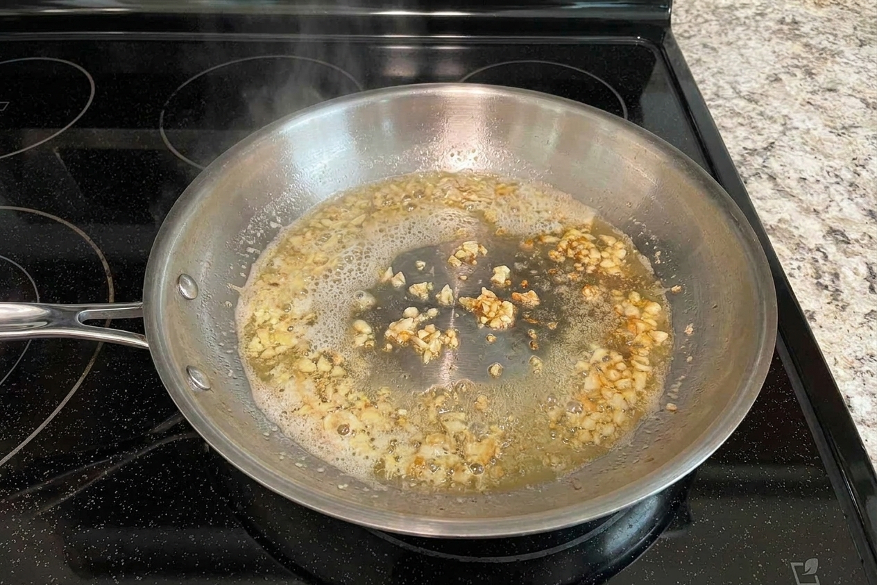 Minced garlic sizzling in melted butter in a shallow skillet on a home stove