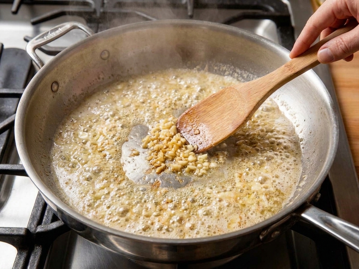 Minced garlic sizzling in melted butter in a skillet on the stove