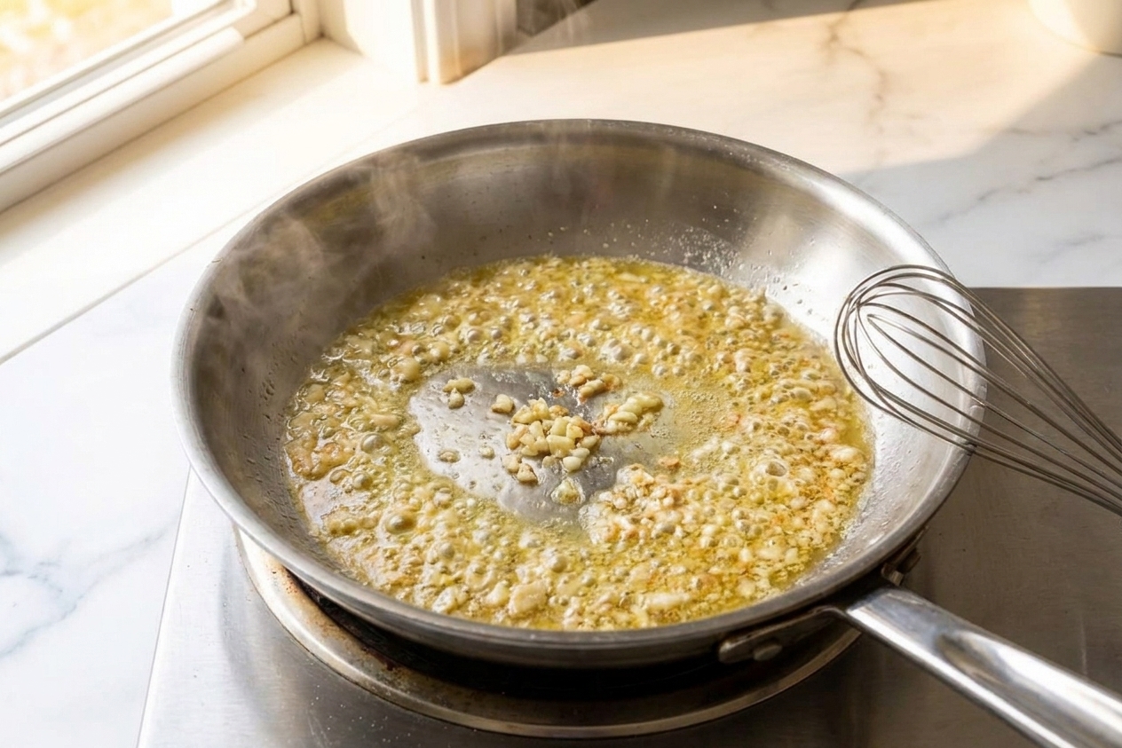 Minced garlic sizzling in melted butter in a stainless steel skillet on a home stovetop
