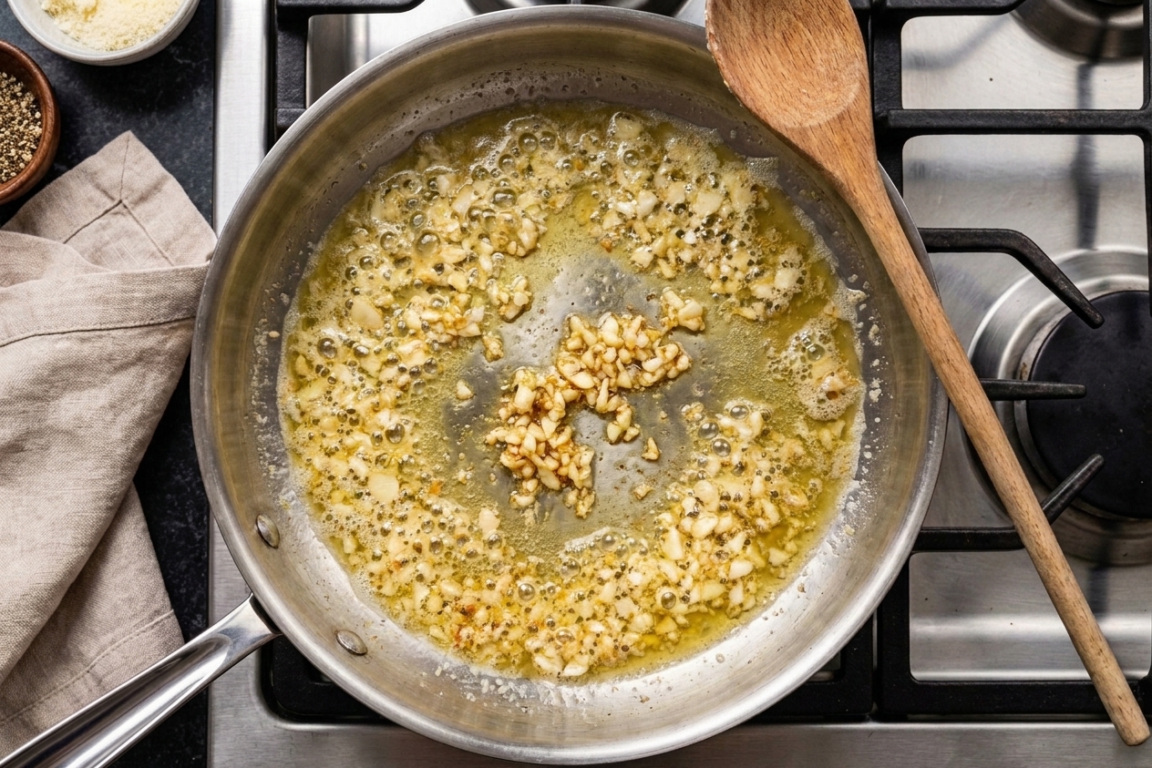 Minced garlic sizzling in melted butter in a stainless steel pan on a home stovetop