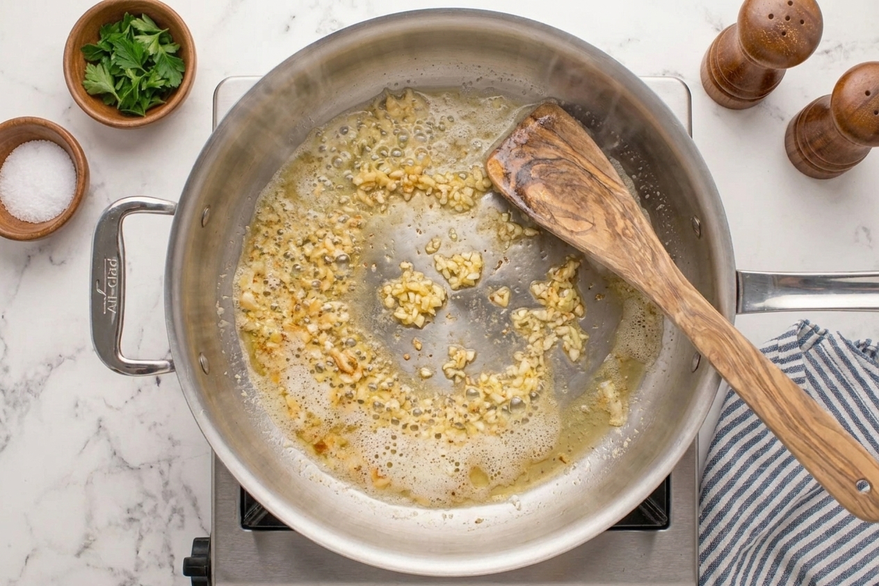 Minced garlic sizzling in melted butter in a wide skillet on a home stove, warm kitchen lighting