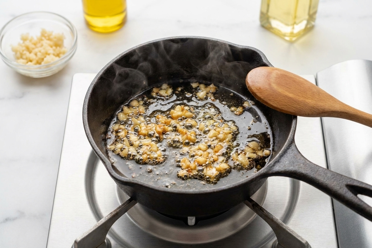 Minced garlic sizzling in oil in a small saucepan on a stovetop
