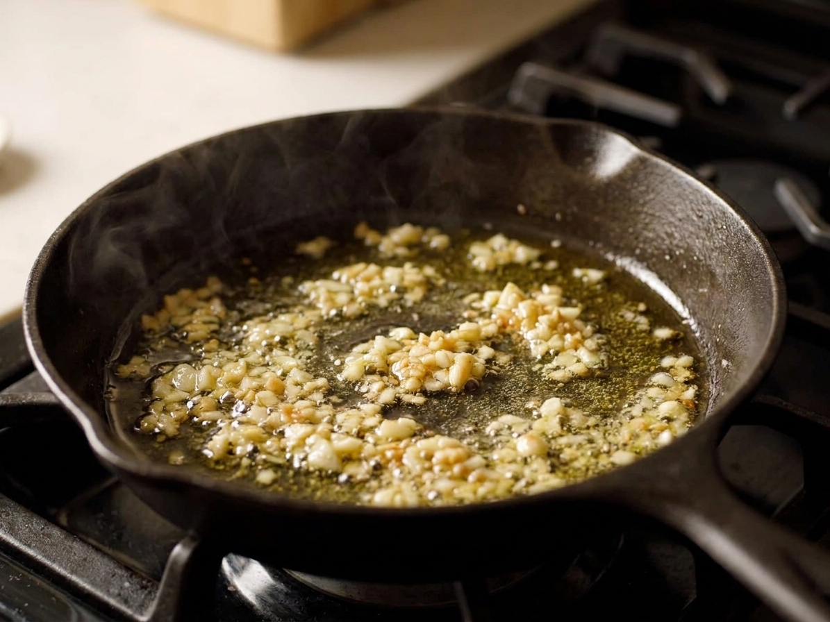 Minced garlic sizzling in olive oil in a skillet on the stove, just turning fragrant and glossy