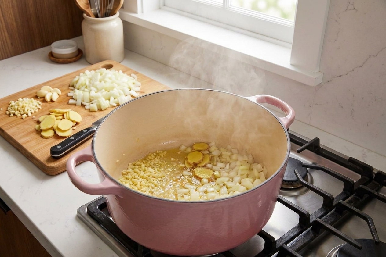 Minced garlic, sliced ginger, and diced onion sizzling in a large pot on a stovetop