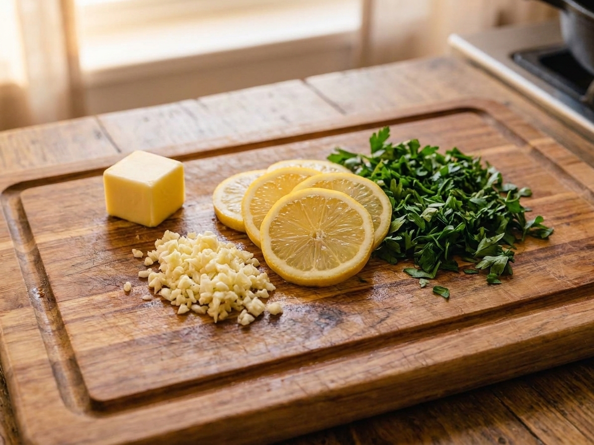Minced garlic, sliced lemon, chopped parsley, and a pat of butter arranged on a wooden cutting board