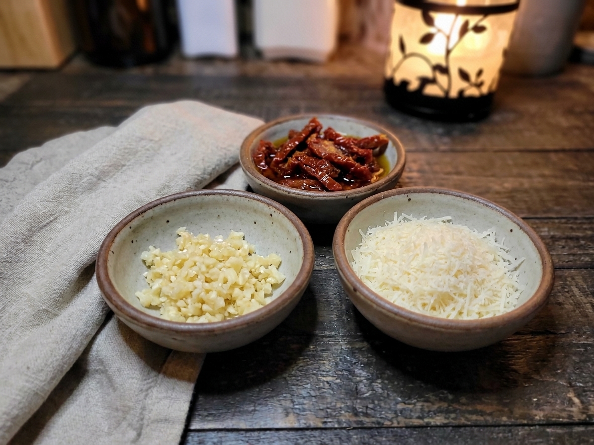Minced garlic, sliced sun-dried tomatoes, and freshly grated Parmesan in small bowls on a kitchen counter, ready for cooking