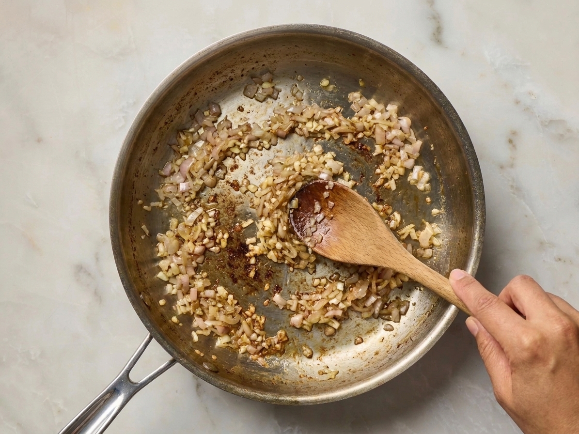 Minced shallots and garlic cooking in a skillet with browned bits, being stirred with a wooden spoon