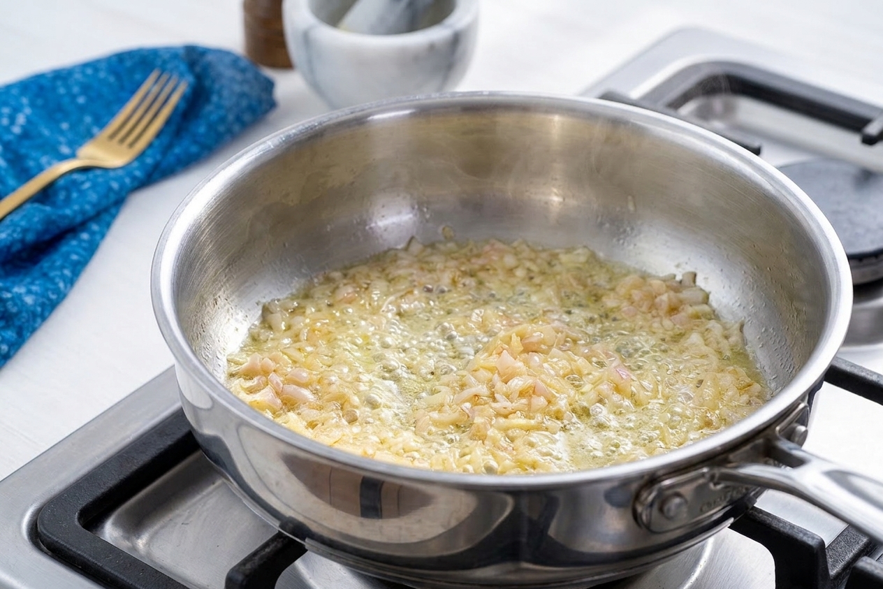 Minced shallots gently sautéing in melted butter in a stainless steel saucepan on a stovetop