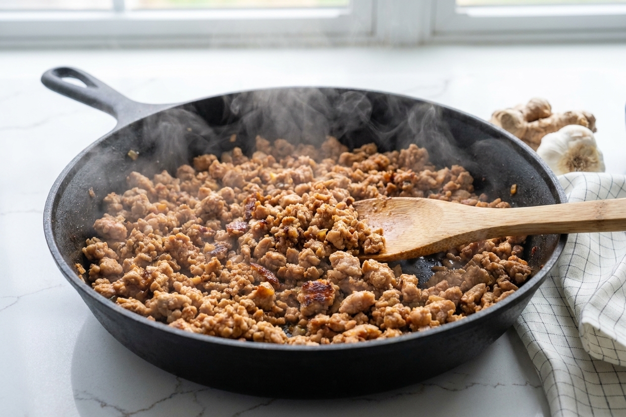 Minced turkey browning in a skillet with a wooden spoon, with steam rising in a bright home kitchen
