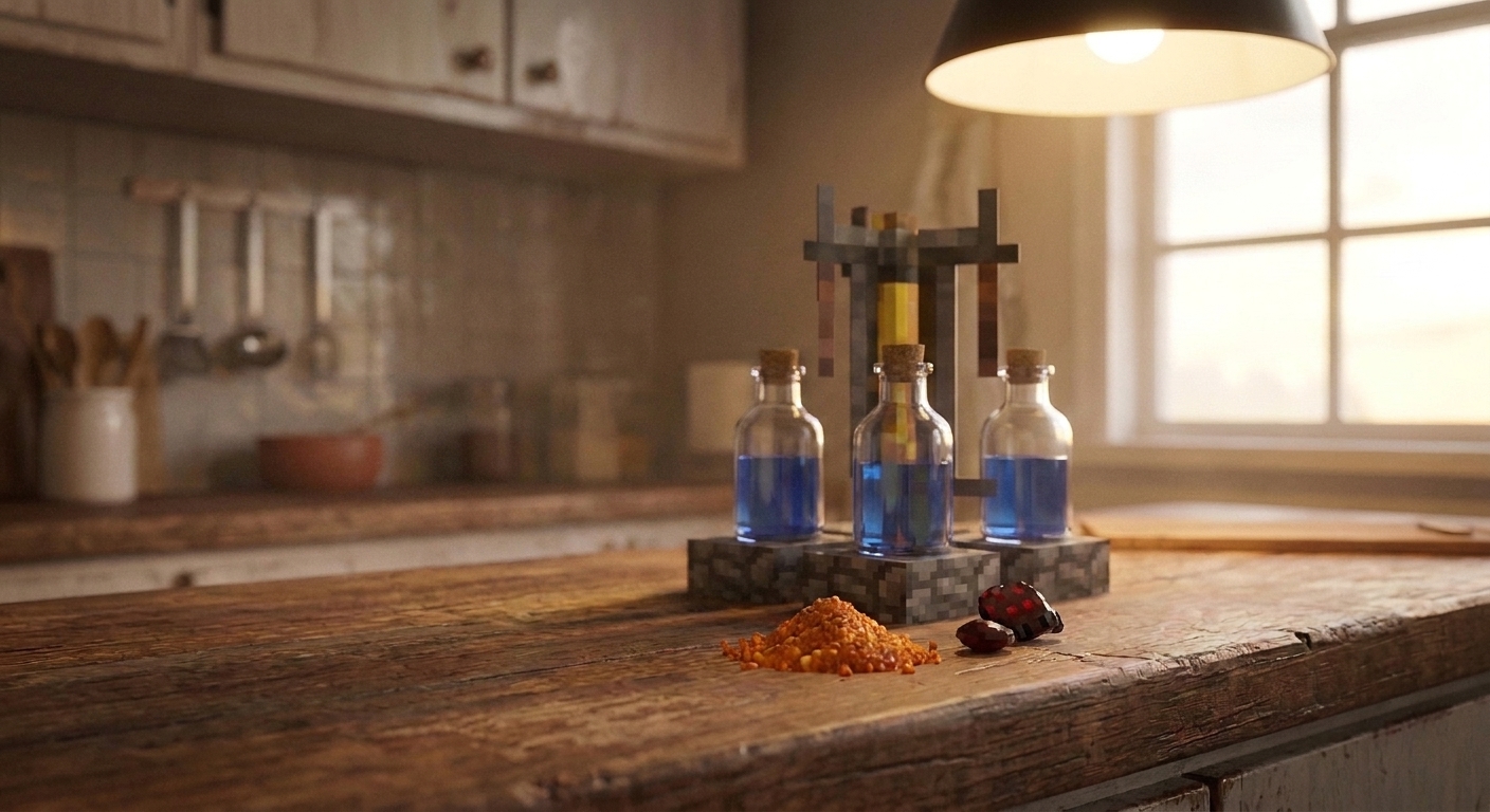 Minecraft brewing stand on a tabletop with water bottles, blaze powder, and a fermented spider eye laid out nearby, bright cozy lighting
