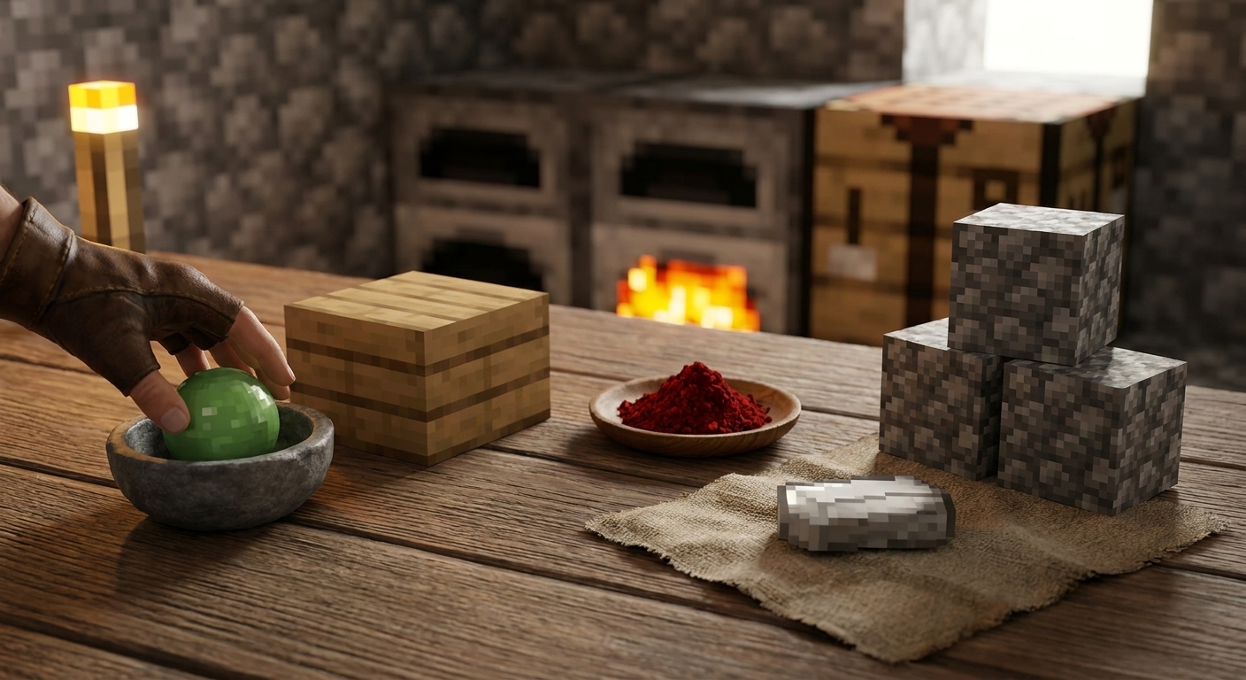 Minecraft items laid out on a wooden surface: wood planks, cobblestone, an iron ingot, redstone dust, and a slimeball for upgrading to a sticky piston