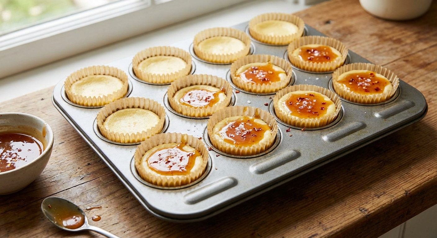 Mini cheesecakes in a muffin tin with liners, partially topped with honey chili drizzle