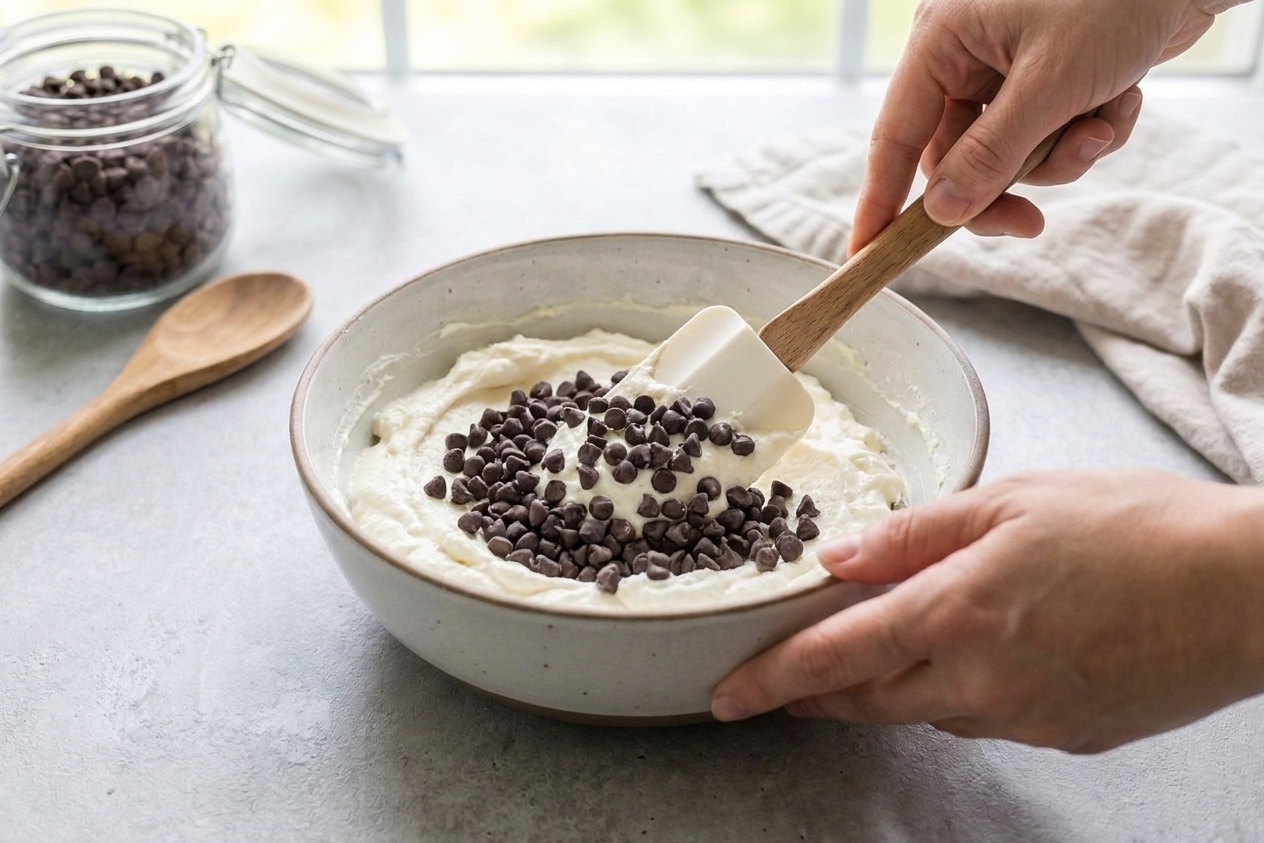 Mini chocolate chips being folded into a ricotta mascarpone filling with a spatula in a mixing bowl