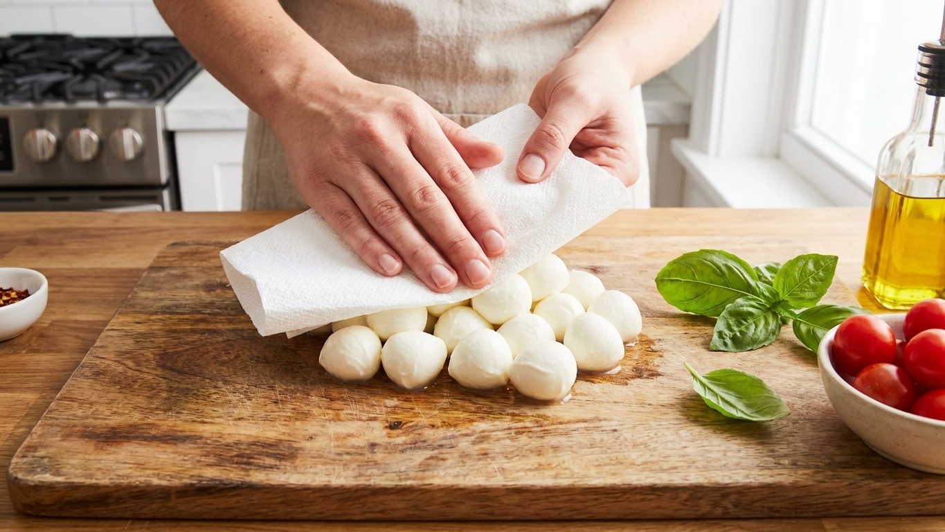 Mini fresh mozzarella balls being gently blotted with paper towels on a cutting board to remove excess moisture in a bright kitchen