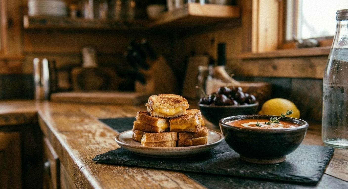 Mini grilled cheese sandwiches stacked on a plate with a small bowl of tomato soup