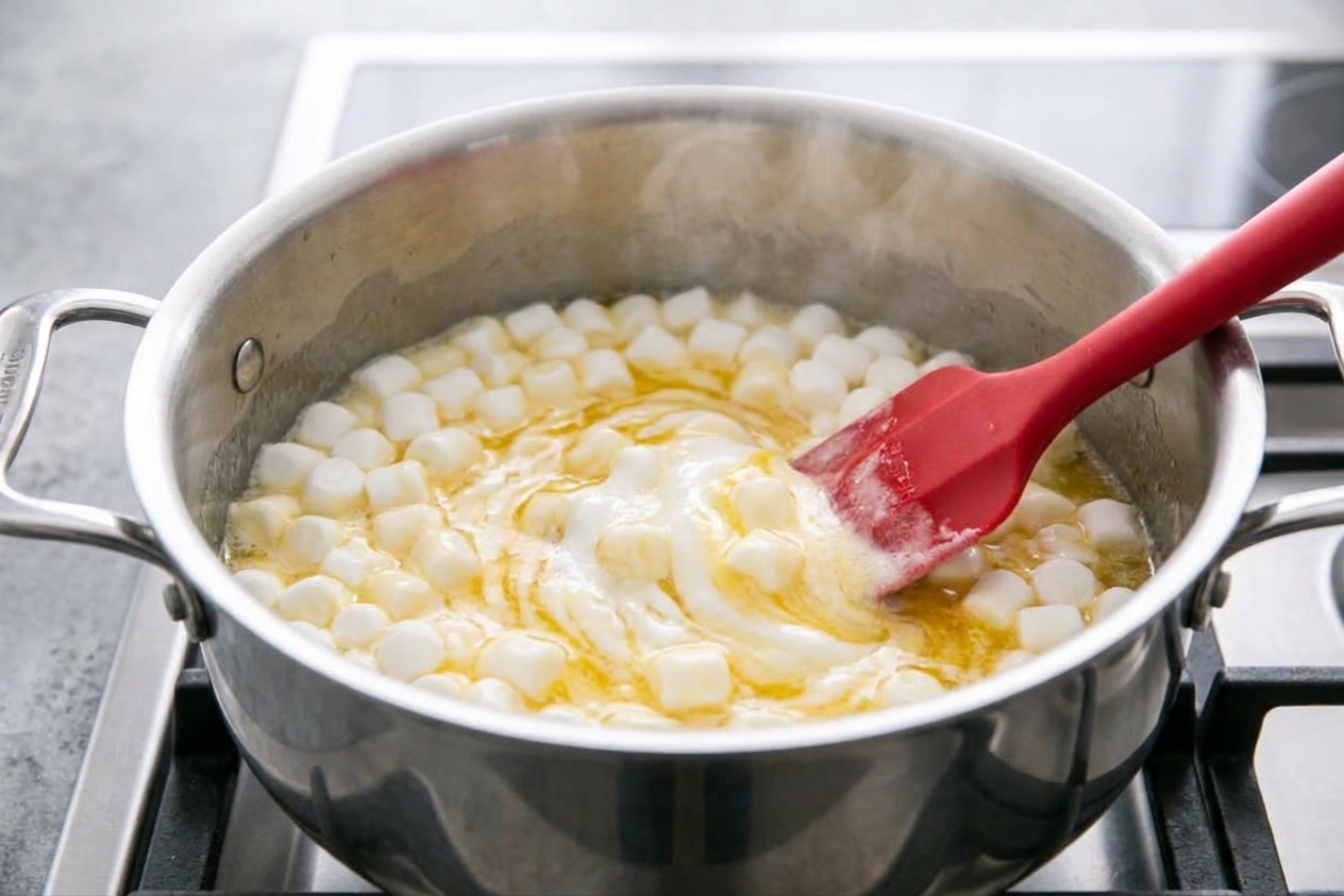 Mini marshmallows melting into butter in a large pot on the stove, being stirred with a rubber spatula