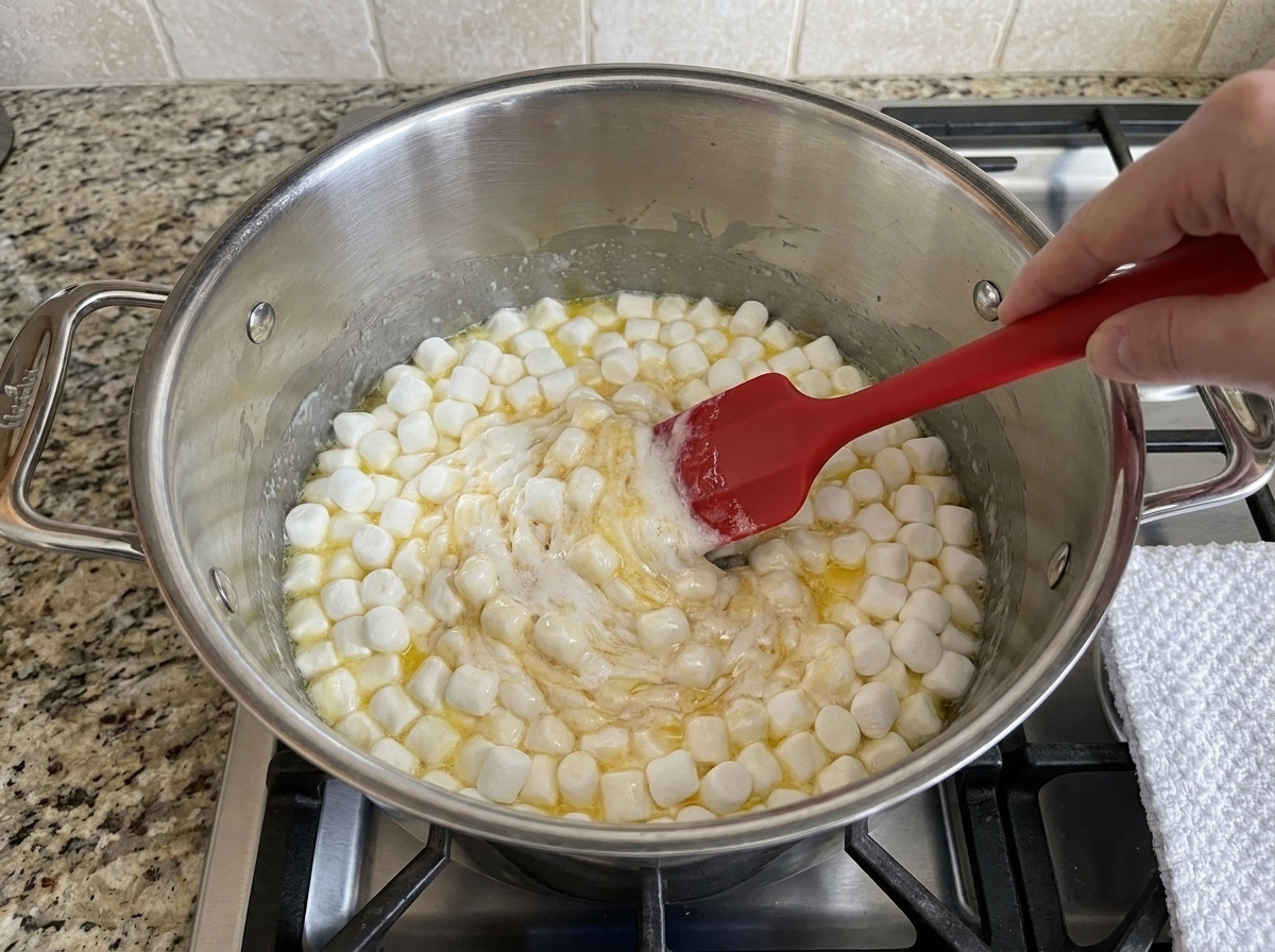 Mini marshmallows melting into butter in a large pot on a stovetop while being stirred with a rubber spatula