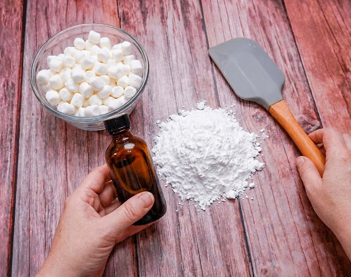 Mini marshmallows, powdered sugar, and a small bottle of vanilla arranged on a clean kitchen counter with a silicone spatula
