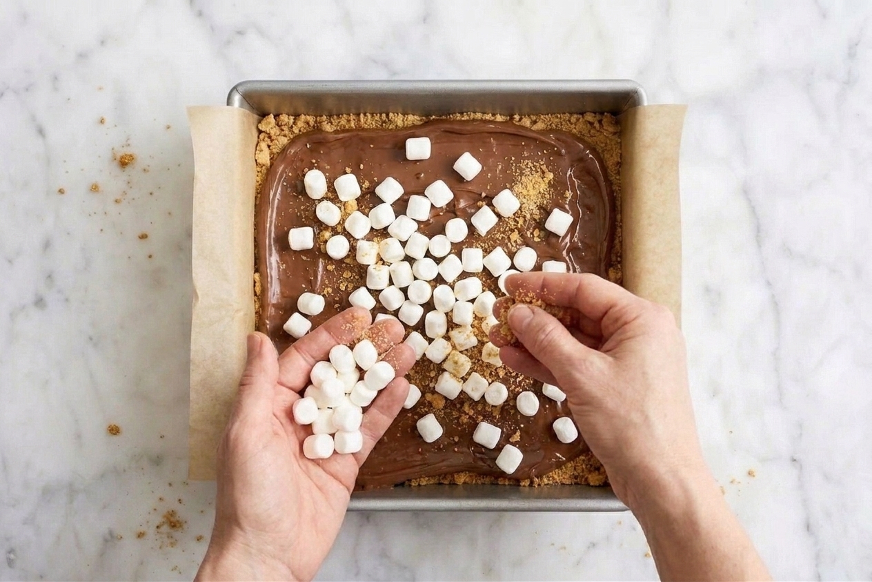 Mini marshmallows scattered over melted chocolate in a square baking pan with graham crumb mixture sprinkled on top