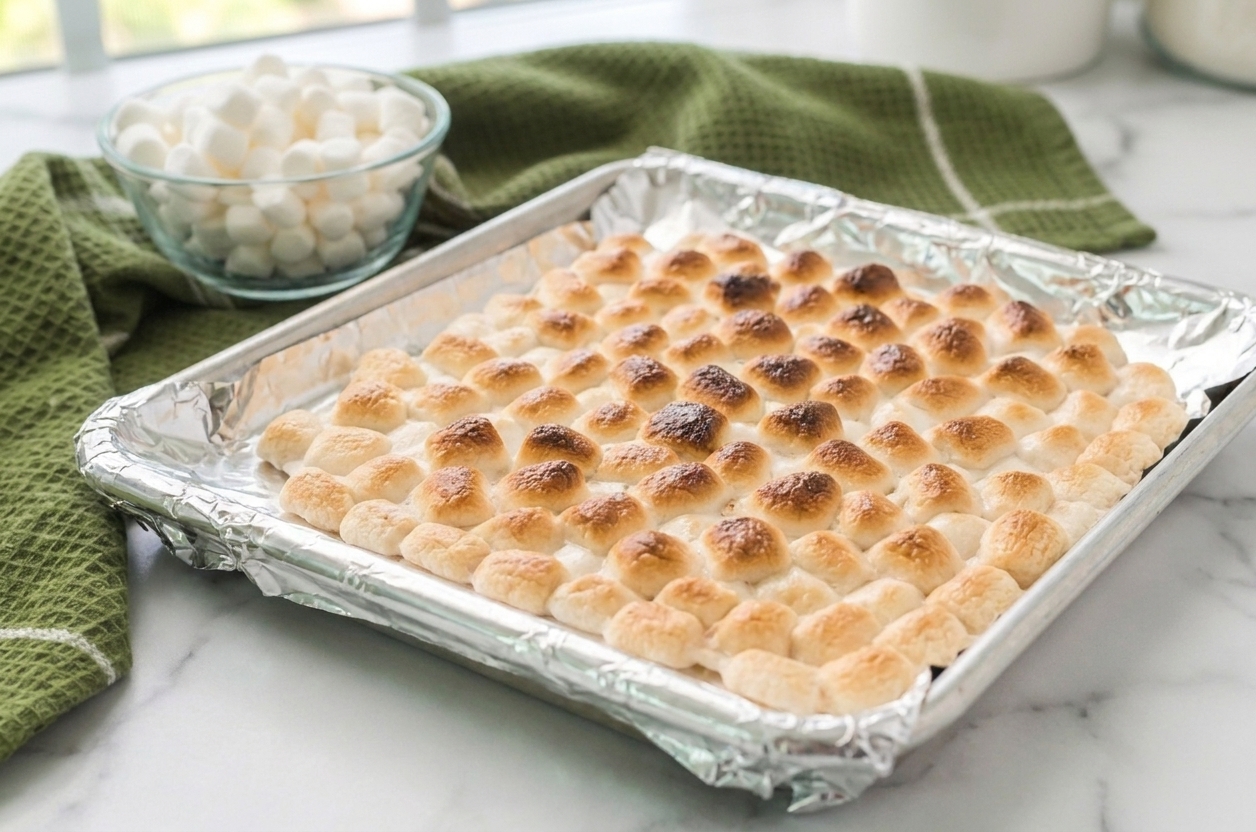 Mini marshmallows toasted golden brown on a foil-lined baking sheet