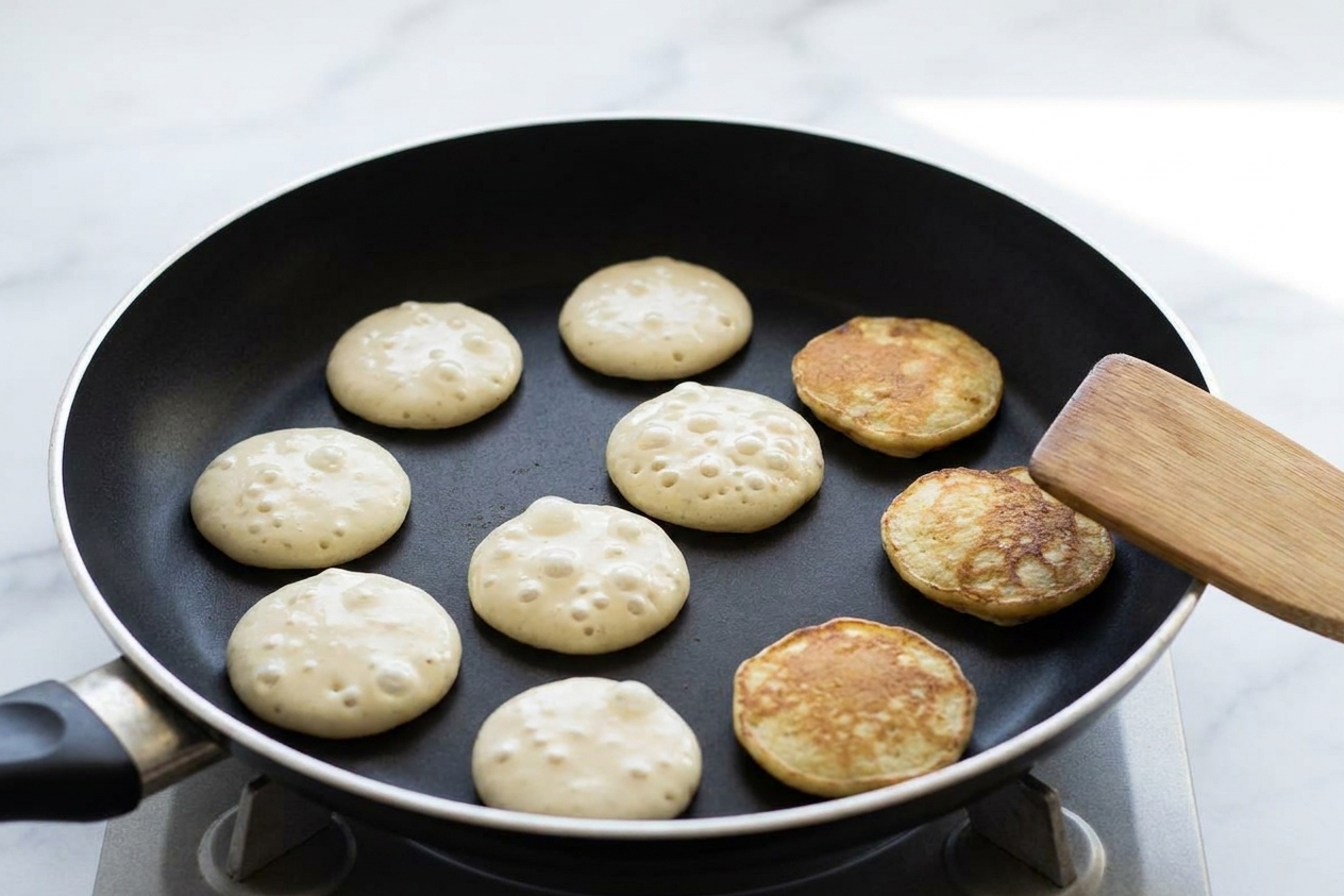 Mini pancakes cooking in a nonstick skillet on a stovetop with bubbles forming on the surface